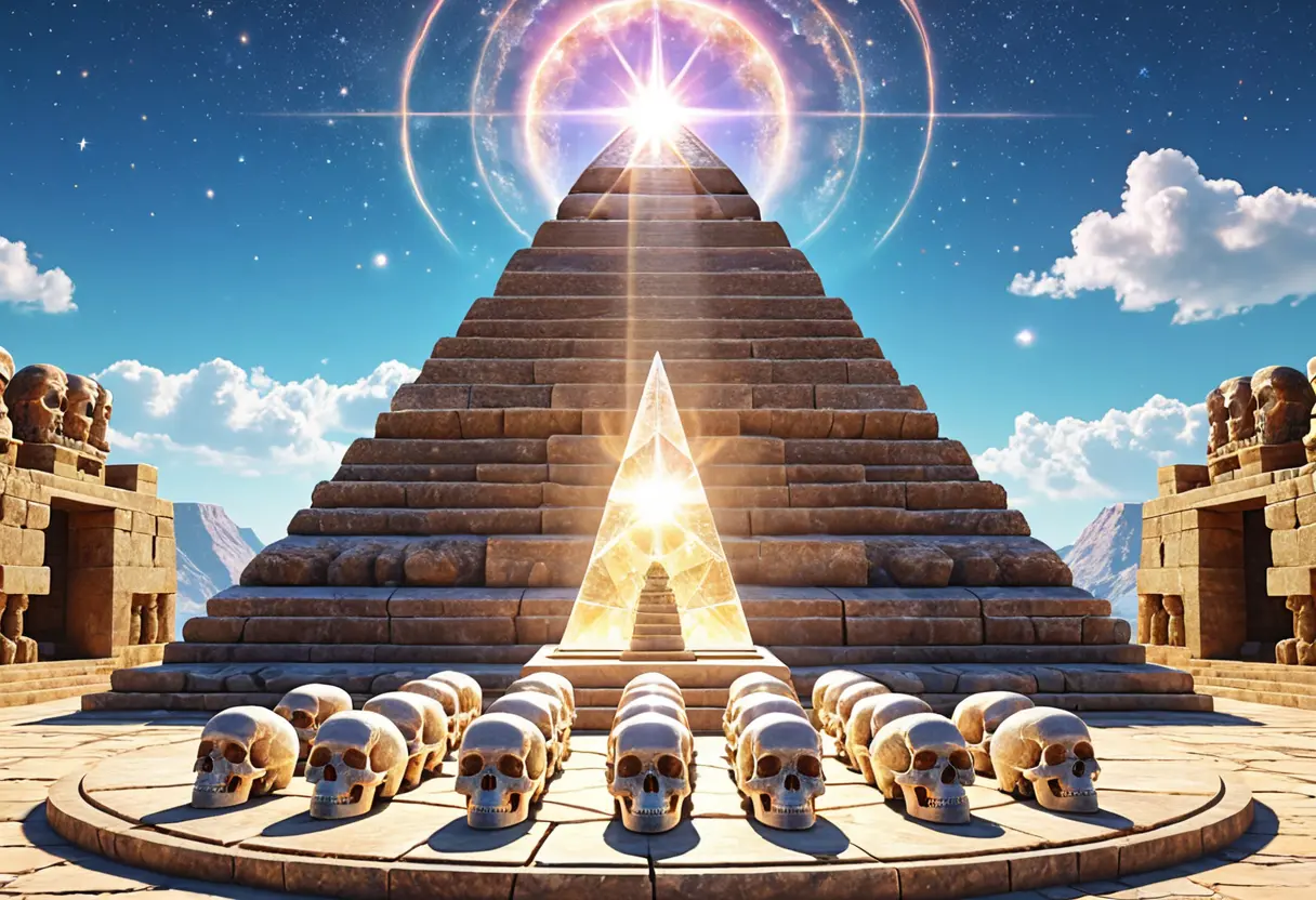 輪を描いて並べられた13個の水晶の髑髏。中心には巨大なクリスタルが鎮座し、全体が虹色に輝いている。