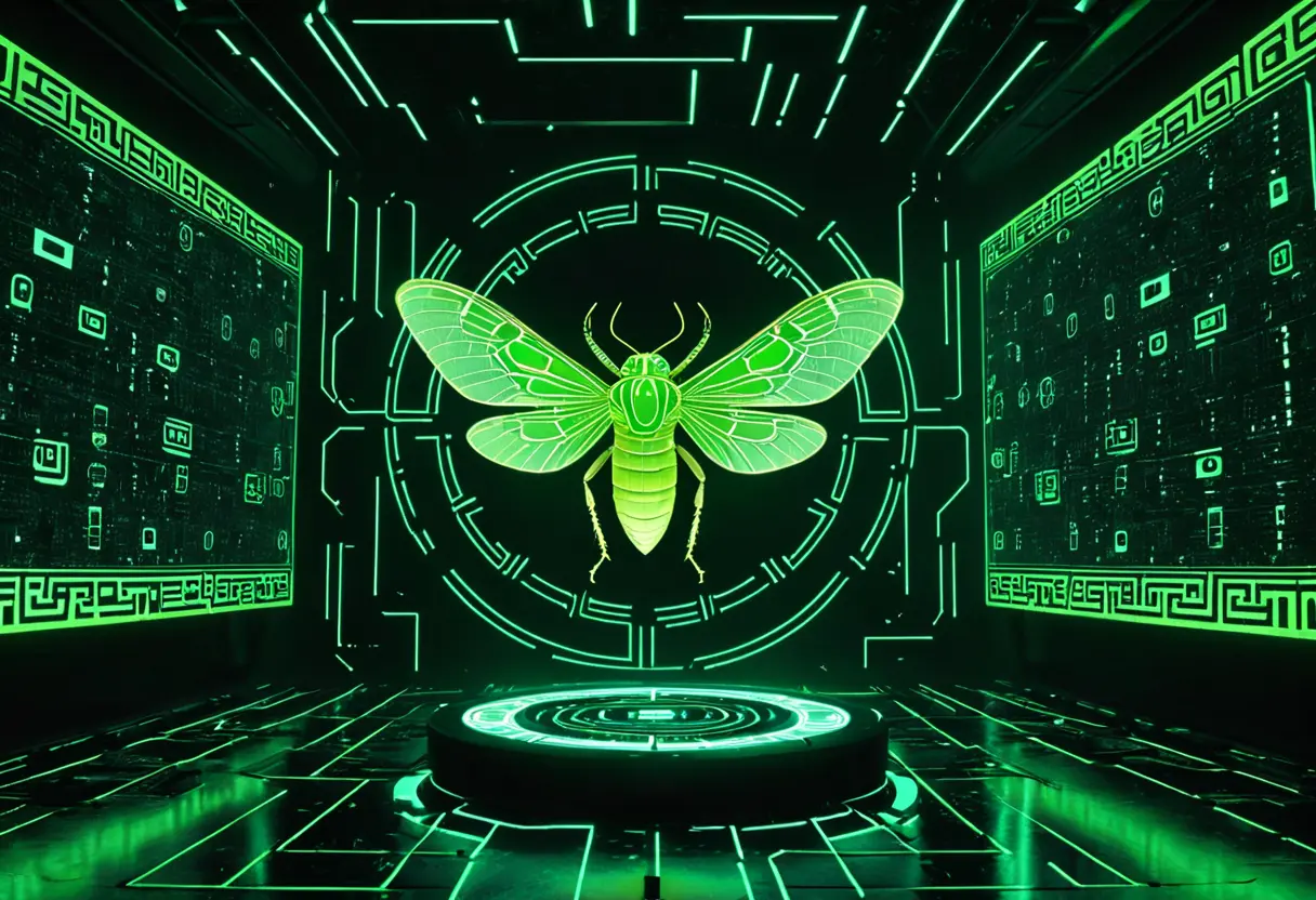 暗い部屋で輝くモニター。緑色のセミのロゴが浮かび上がり、その周囲には複雑なコードや古代のルーン文字が浮かんでいる。