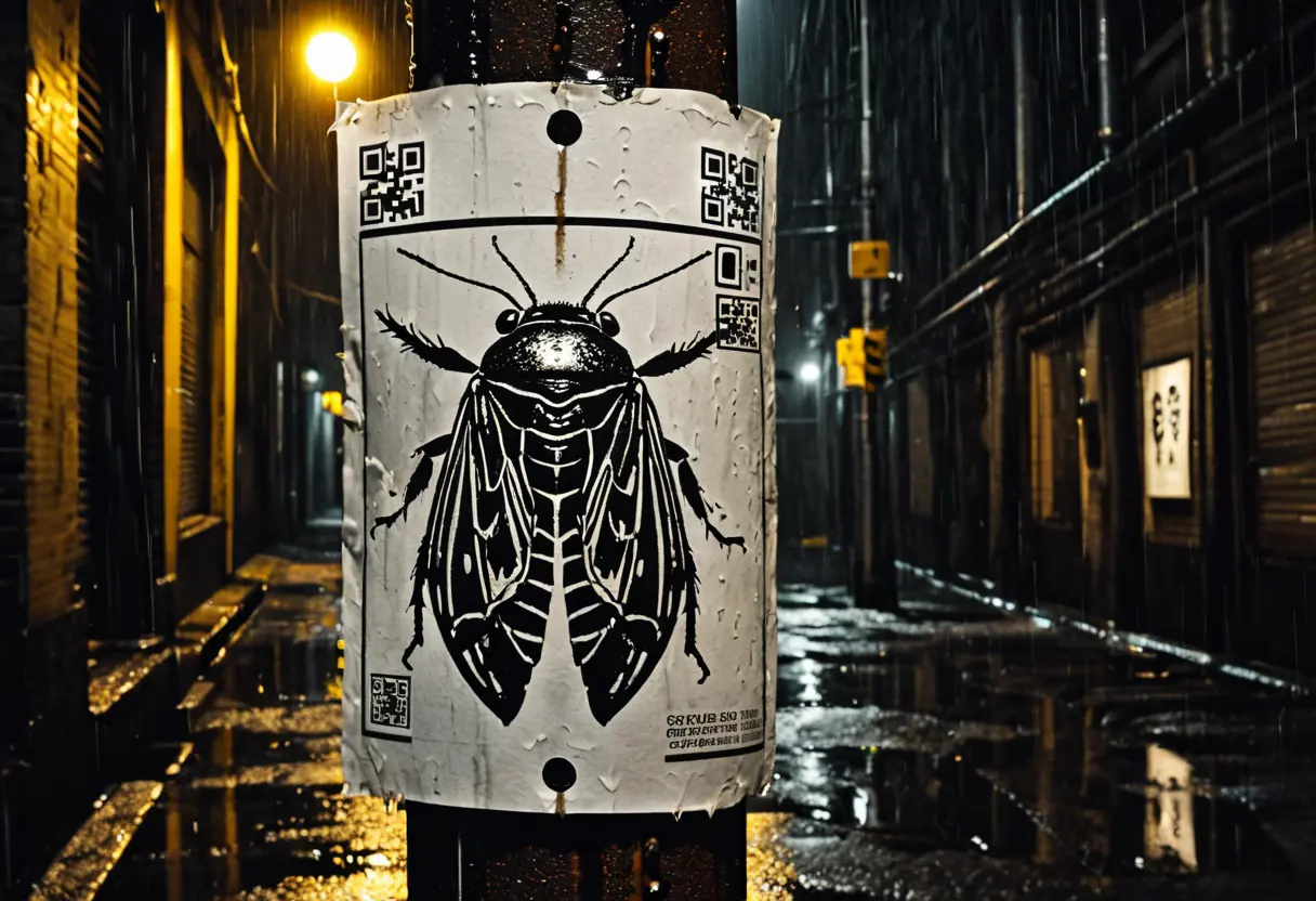 雨の降る路地裏の電柱に貼られた、セミのイラストとQRコードのポスター。