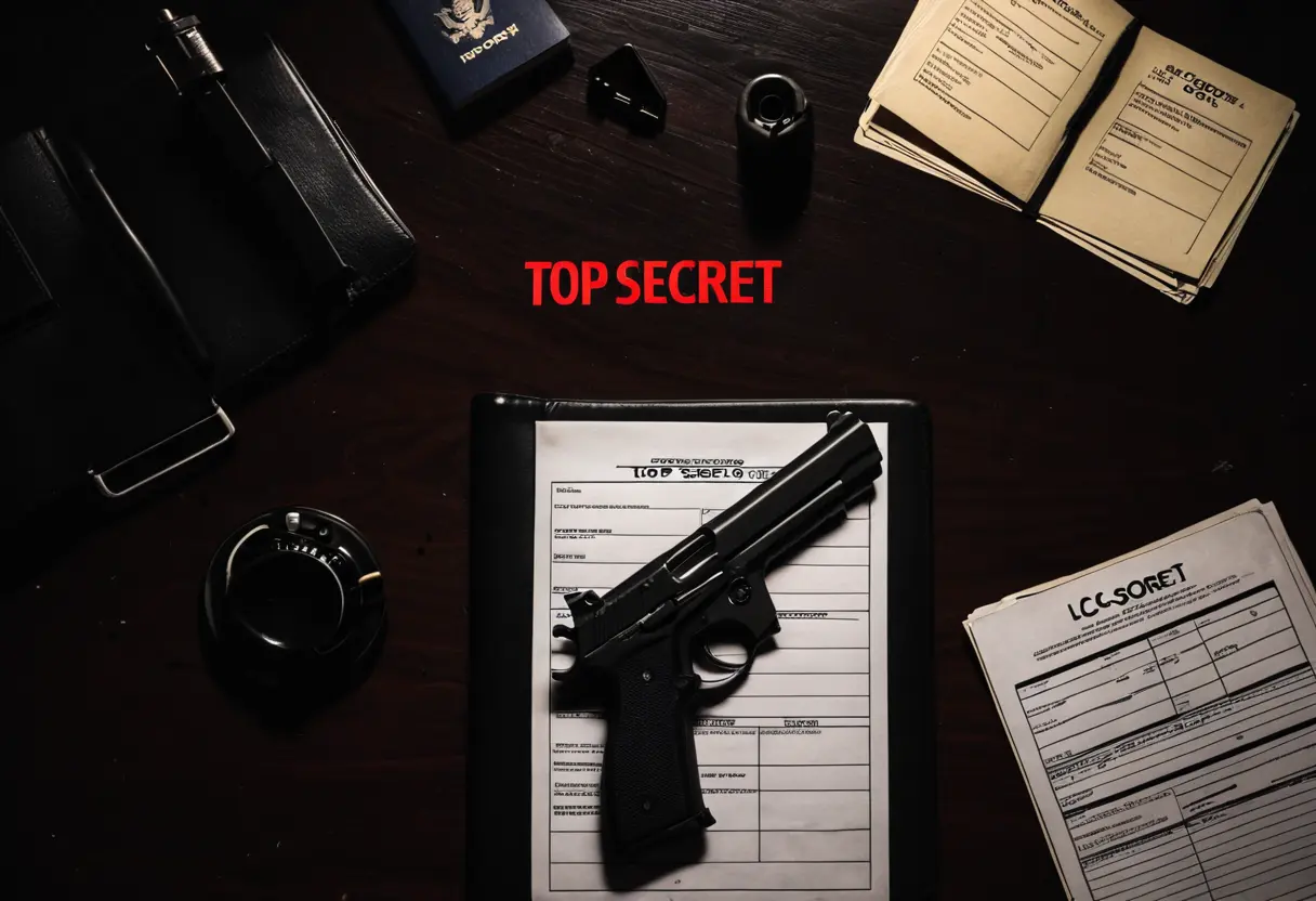 消音器付きの拳銃と機密文書。