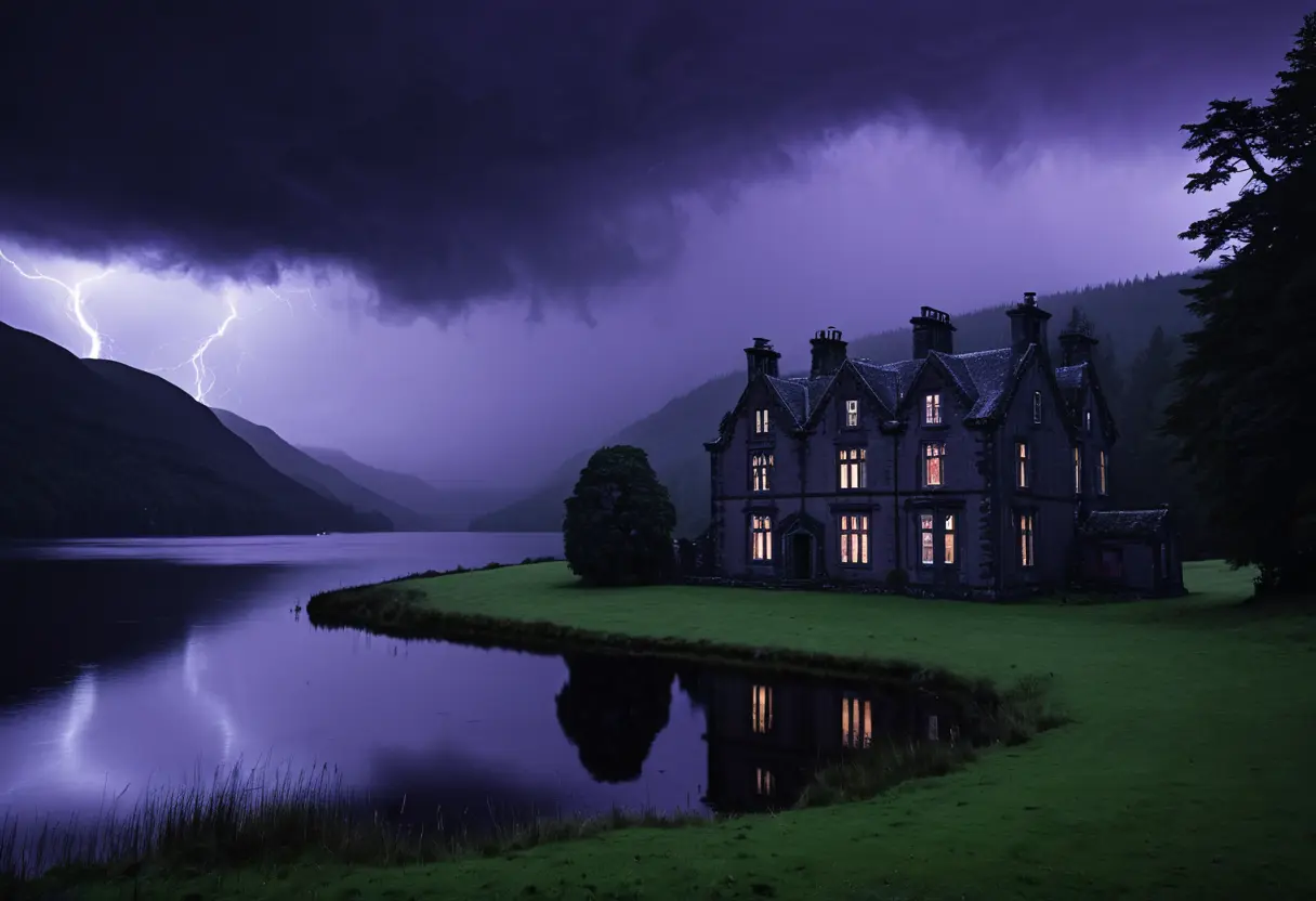 霧に包まれたネス湖畔に佇む古びた石造りの屋敷。窓からは不気味な光が漏れ、空には暗雲が立ち込めている。