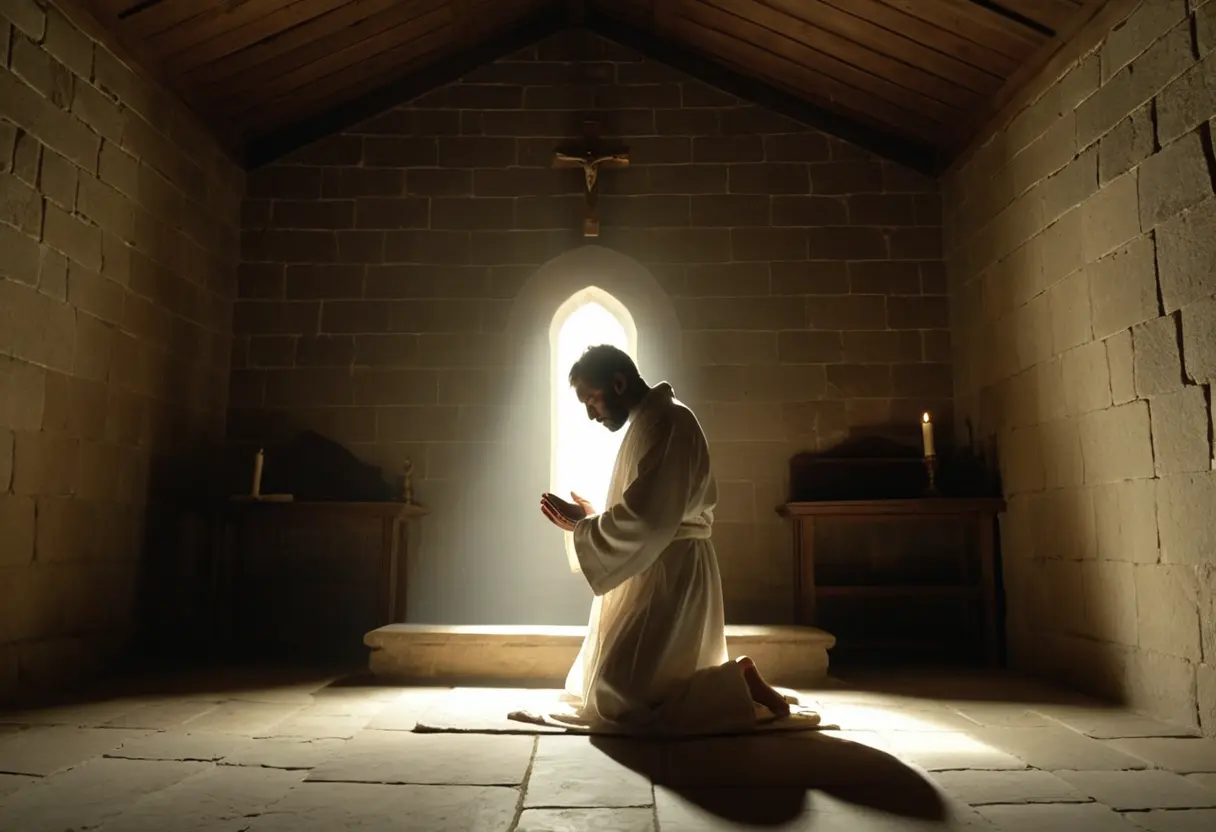 白いローブを纏った魔術師が、荒野の小さな祭壇で膝をつき、天から降り注ぐ一条の光を浴びている。周囲には霧が立ち込め、神秘的な静寂が包んでいる。