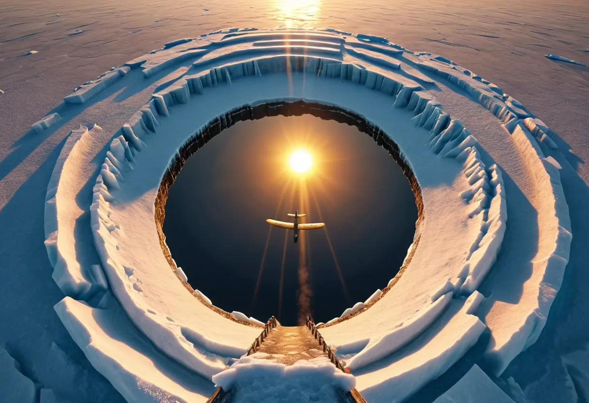 雪に覆われた南極の極点付近に、巨大な黒い穴が開いている。そこから暖かい光が漏れ出しており、一機の古いプロペラ機がその中へ吸い込まれていく。