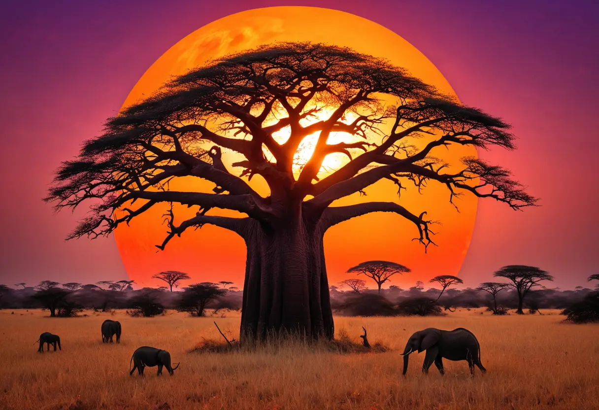 夕日のサバンナと巨大なバオバブ。