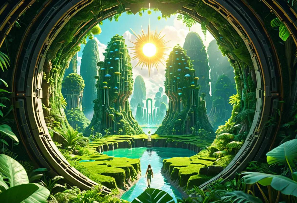 地球の断面図。中心部に淡く光る太陽があり、その周囲には巨大な空洞と、緑豊かな地表が広がっている。