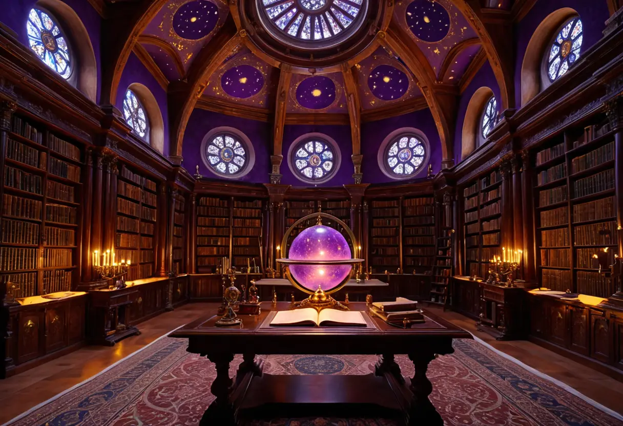 薄暗い書斎に差し込む神秘的な光。机の上には黄金に輝く液体が入ったフラスコ、複雑な図形が描かれた古い写本、天球儀、そしてタロットカードが整然と置かれている。