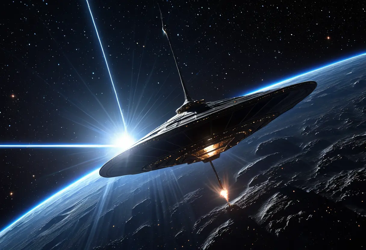 巨大な帆を広げた宇宙船。後方から放たれる強力な電波ビームによって加速されている様子。