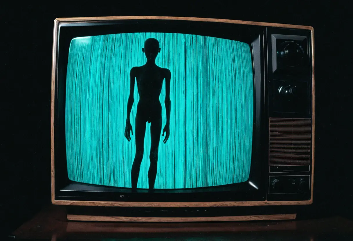 暗い部屋で青白く光る古いブラウン管テレビ。画面には激しい磁気ノイズが走っており、その中から人間を模倣した不気味なシルエットが浮かび上がっている。