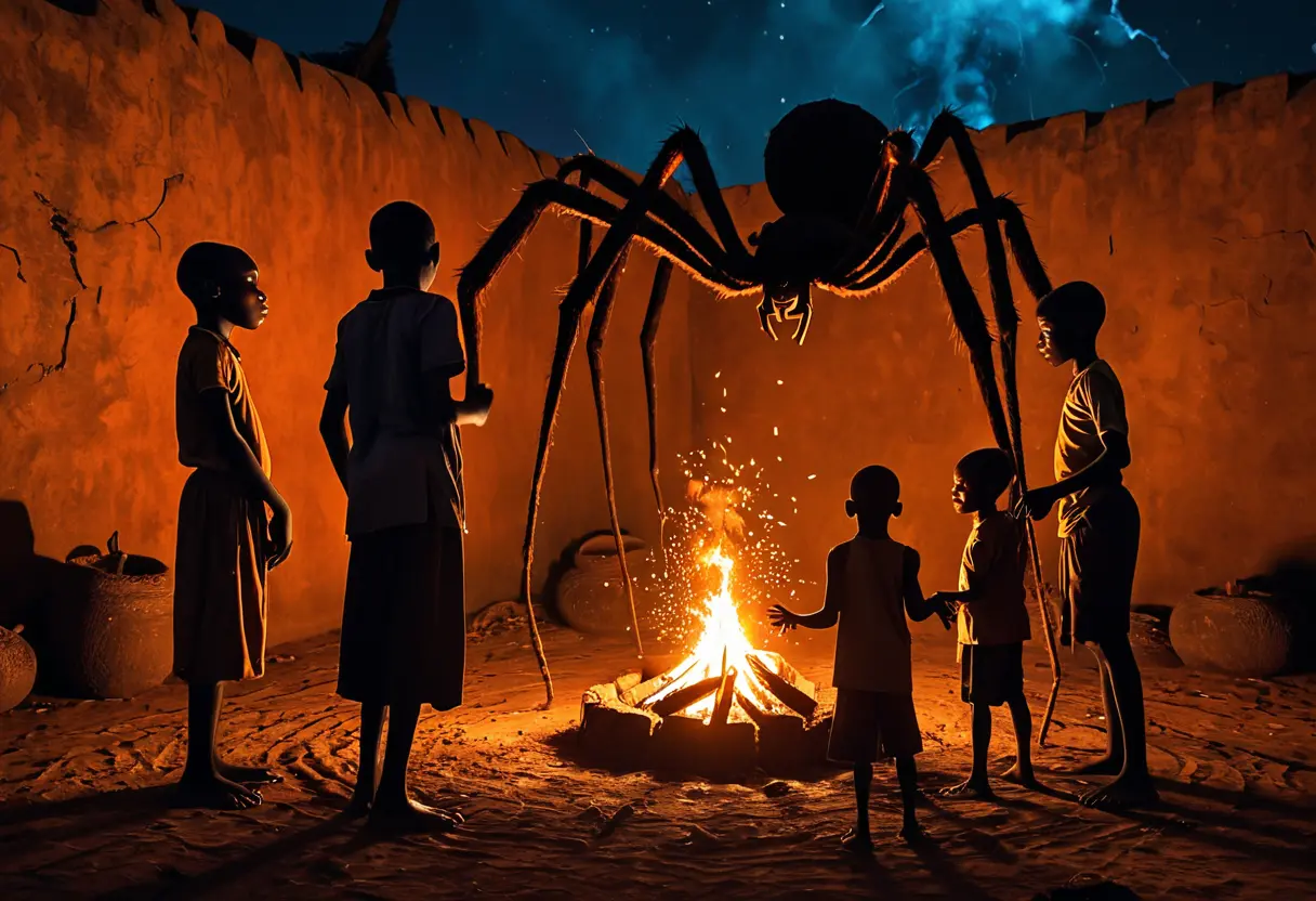 焚き火の光で壁に映し出された、巨大な蜘蛛の影。