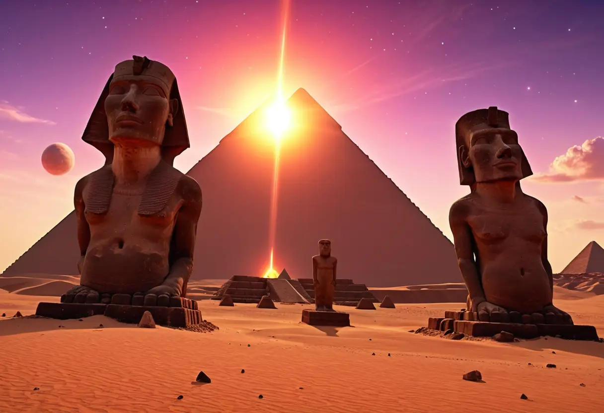 夕暮れ時、地平線に並ぶピラミッドとモアイ像。空には巨大な惑星が浮かび、神話的な静寂が漂う光景。