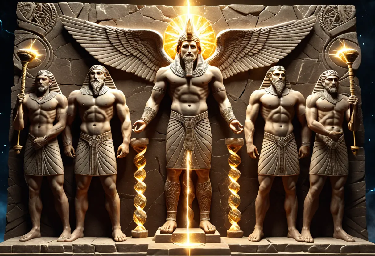 古代の壁画風の背景。科学的なDNAの二重螺旋が、神々の手によって編み上げられている。