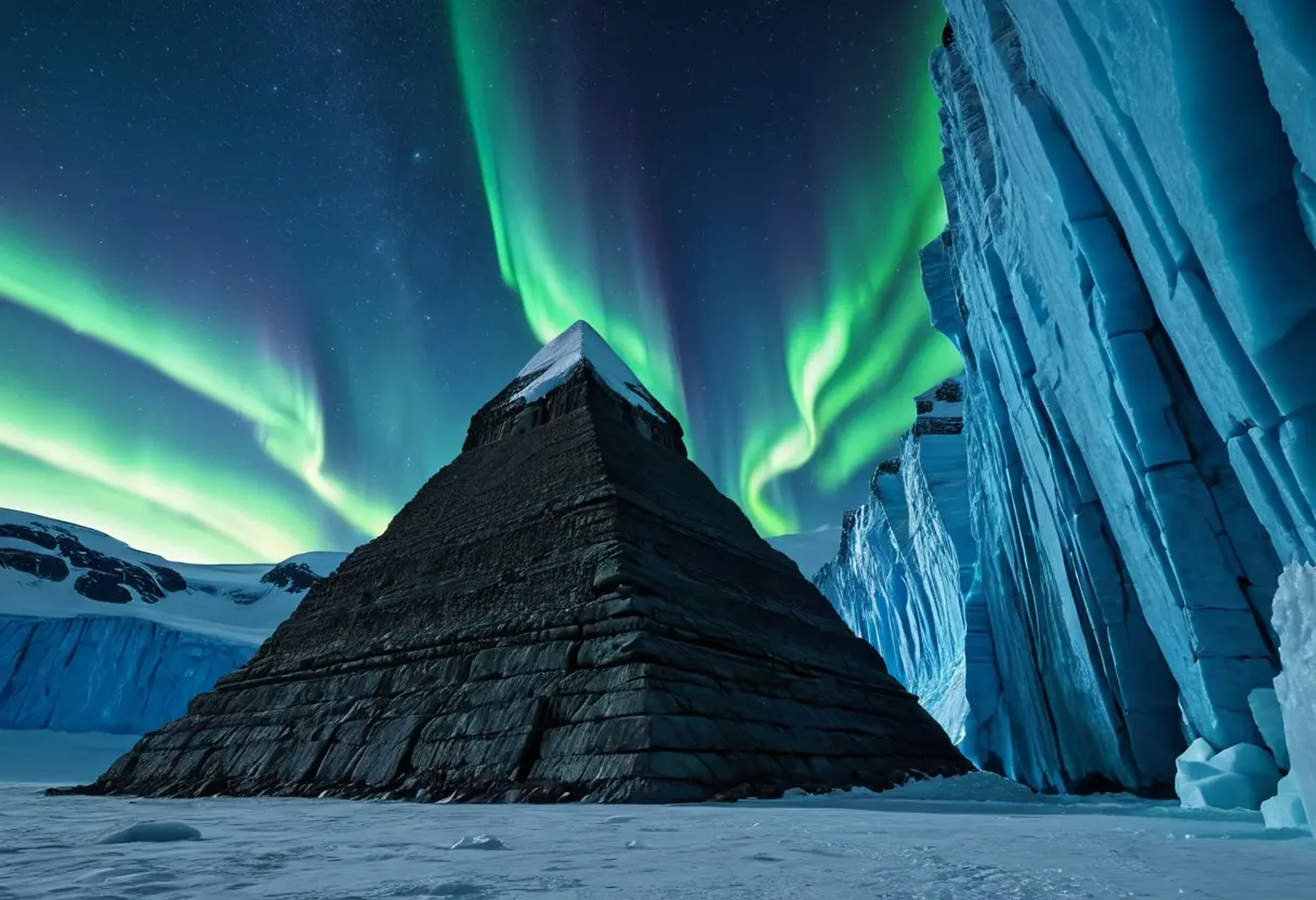 溶けかかった巨大な氷の壁の奥から、エジプトのピラミッドに似た巨大な石造建造物が姿を現している。
