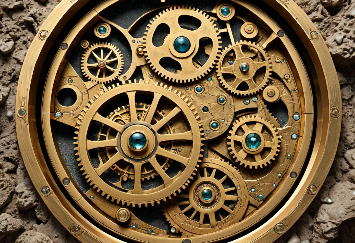 錆びた青銅の断片を透かして見ると、中には金色の精密な歯車が何層にも重なり、ギリシャ文字が刻まれている。