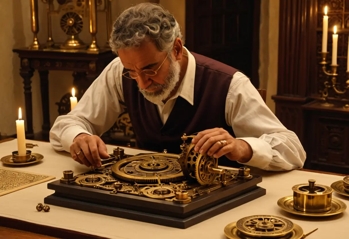 古代ギリシャの工房で、一人の学者がランプの光の下、真剣な表情で青銅の歯車を組み立てている。