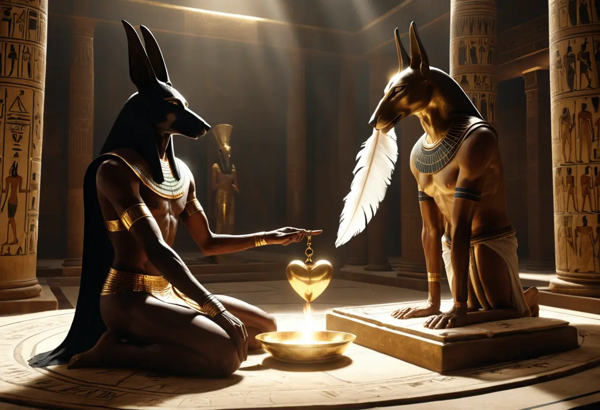 心臓と一枚の羽根を乗せた黄金の天秤を見つめるアヌビス。傍らには記録をつける書記神トートと、獲物を待つ怪物アメミットがいる