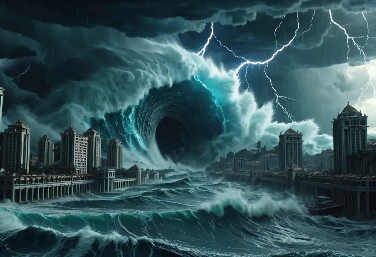 巨大な津波が円環都市を飲み込もうとしている瞬間。空には雷鳴が轟き、豪華な建物が崩れ落ちている。
