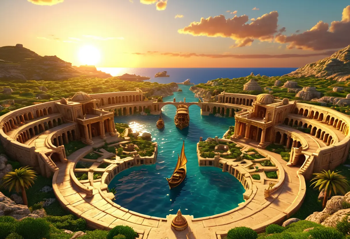 同心円状の運河に囲まれた巨大な古代都市。壮麗な神殿と黄金のドームが並び、港には帆船がひしめき合っている。