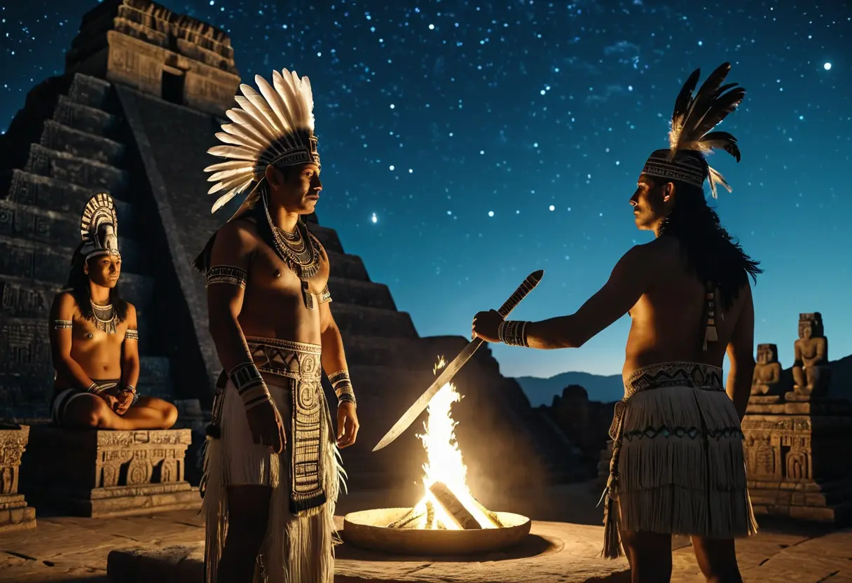 黒い黒曜石のナイフを掲げるアステカの神官と、燃え盛る巨大な焚き火。背景には太陽と月の石像が並んでいる