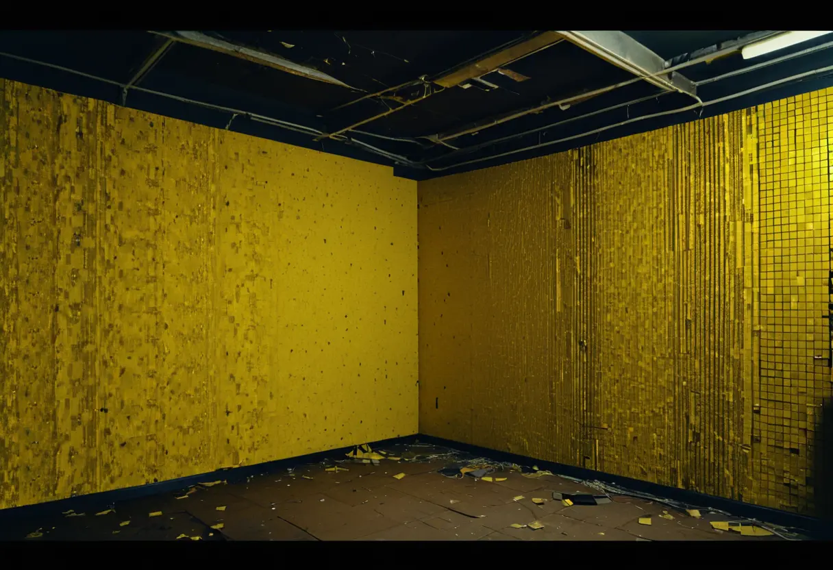 壁の一部が黒いノイズのような歪みを見せている様子。現実世界の物理法則が壊れ、空間そのものがバグを起こしているような不気味な光景。