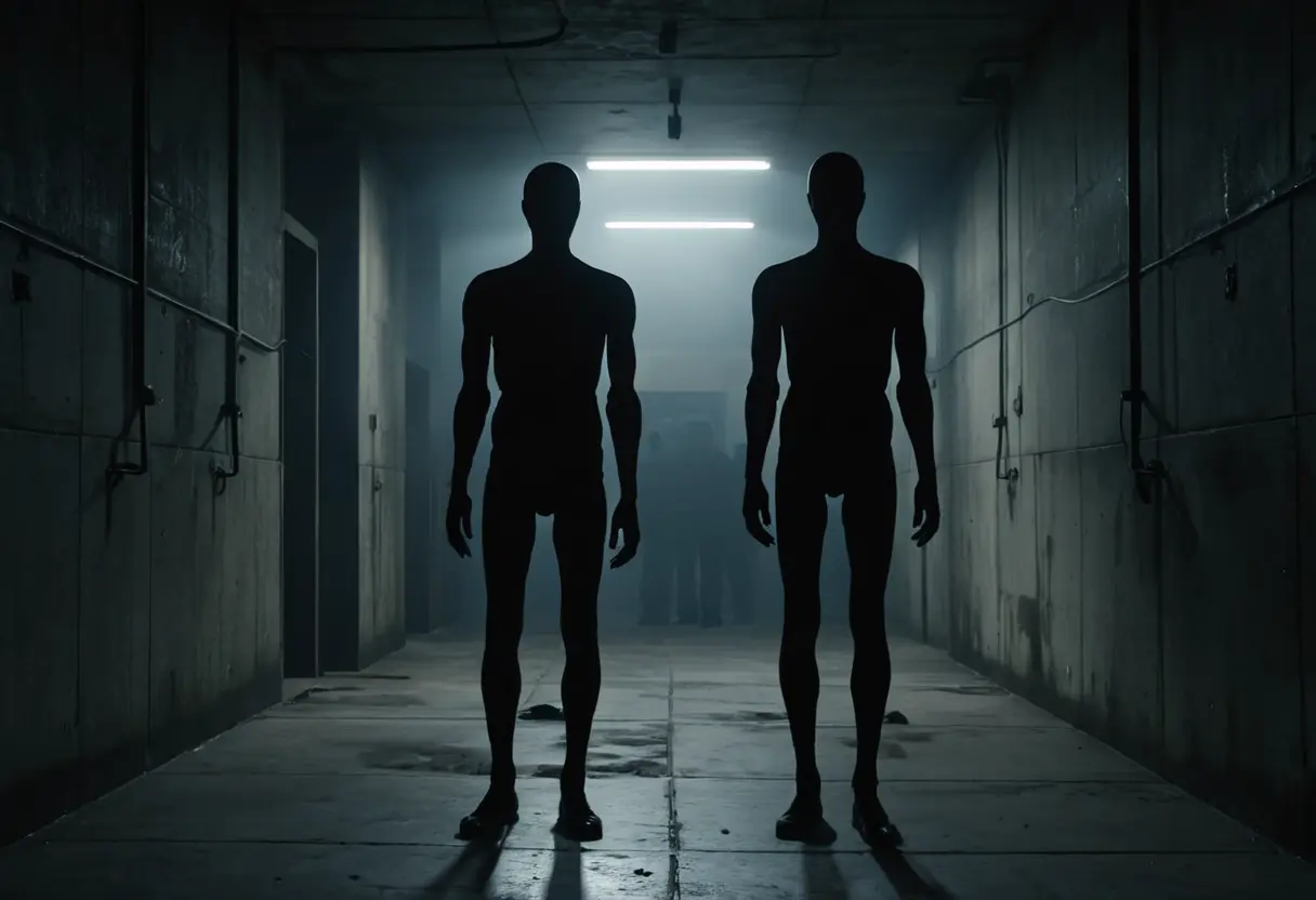 点滅する照明の下、廊下の先から顔のない男（ファセリング）がゆっくりとこちらに向かって歩いてくるシルエット。