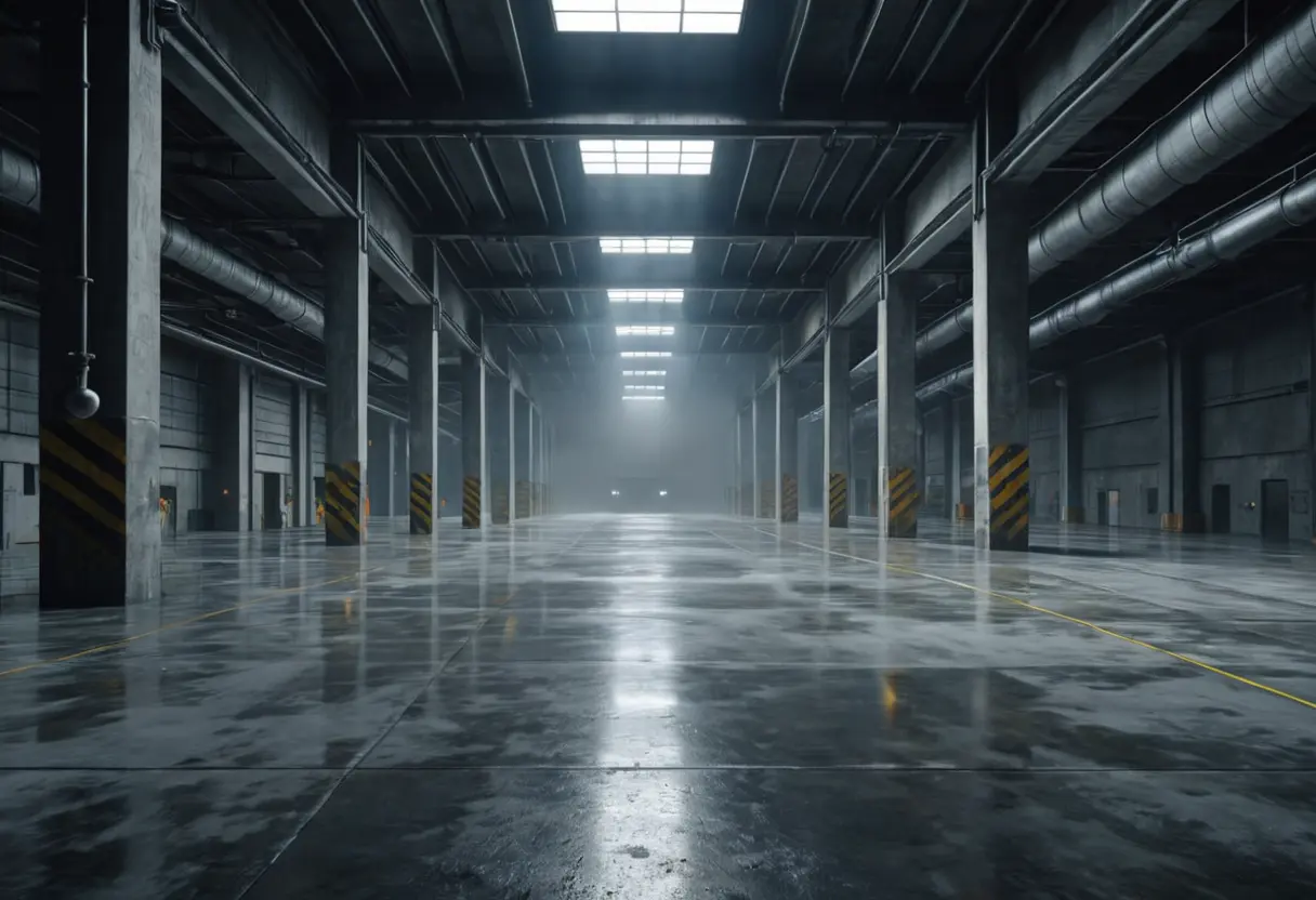 巨大なコンクリートの倉庫。天井には無数の配管があり、遠くは霧で霞んでいる。剥き出しの電球が点滅しており、床には水たまりがある。