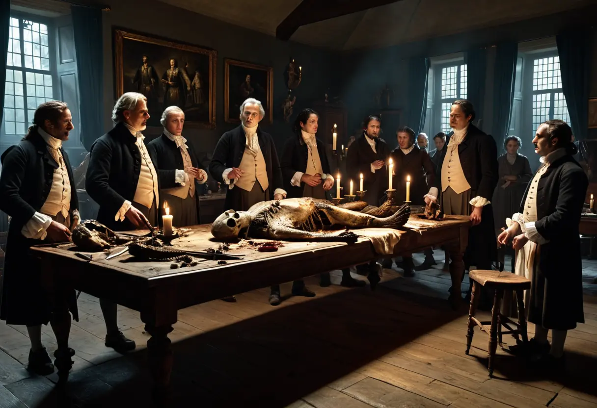 巨大な獣の死体を解剖する医師たち。