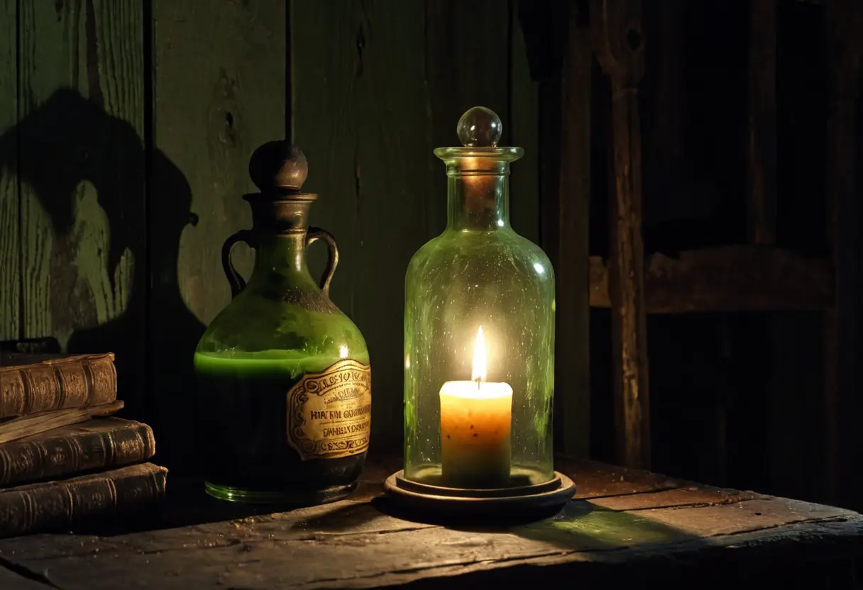 古い木製のサイドテーブルの上に置かれた、不気味なくすんだ緑色の液体が入った小瓶。周囲には塵が舞っている