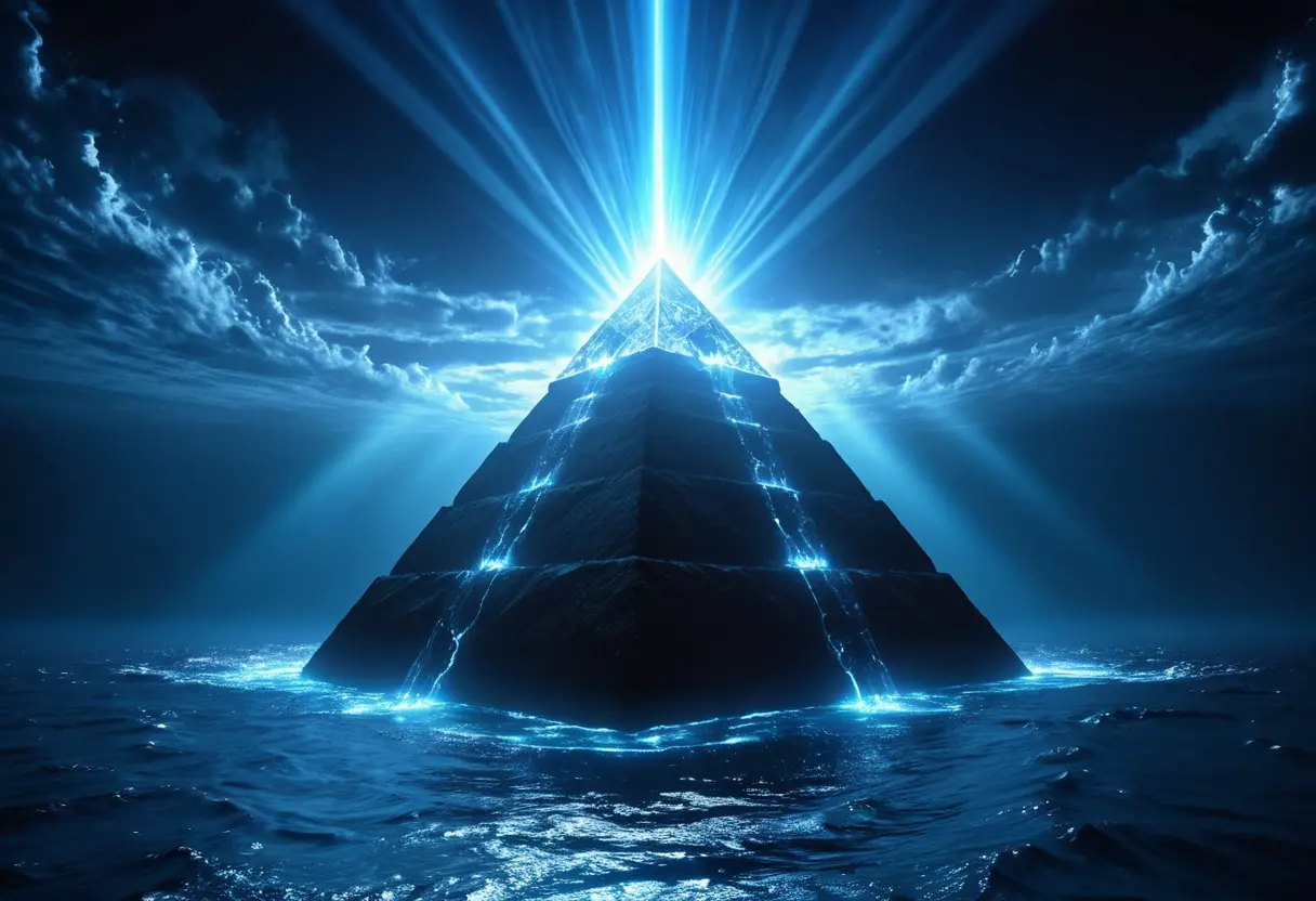 深海に沈む、巨大な水晶のピラミッド。そこから強力な光が放たれ、水面に渦を巻かせている。