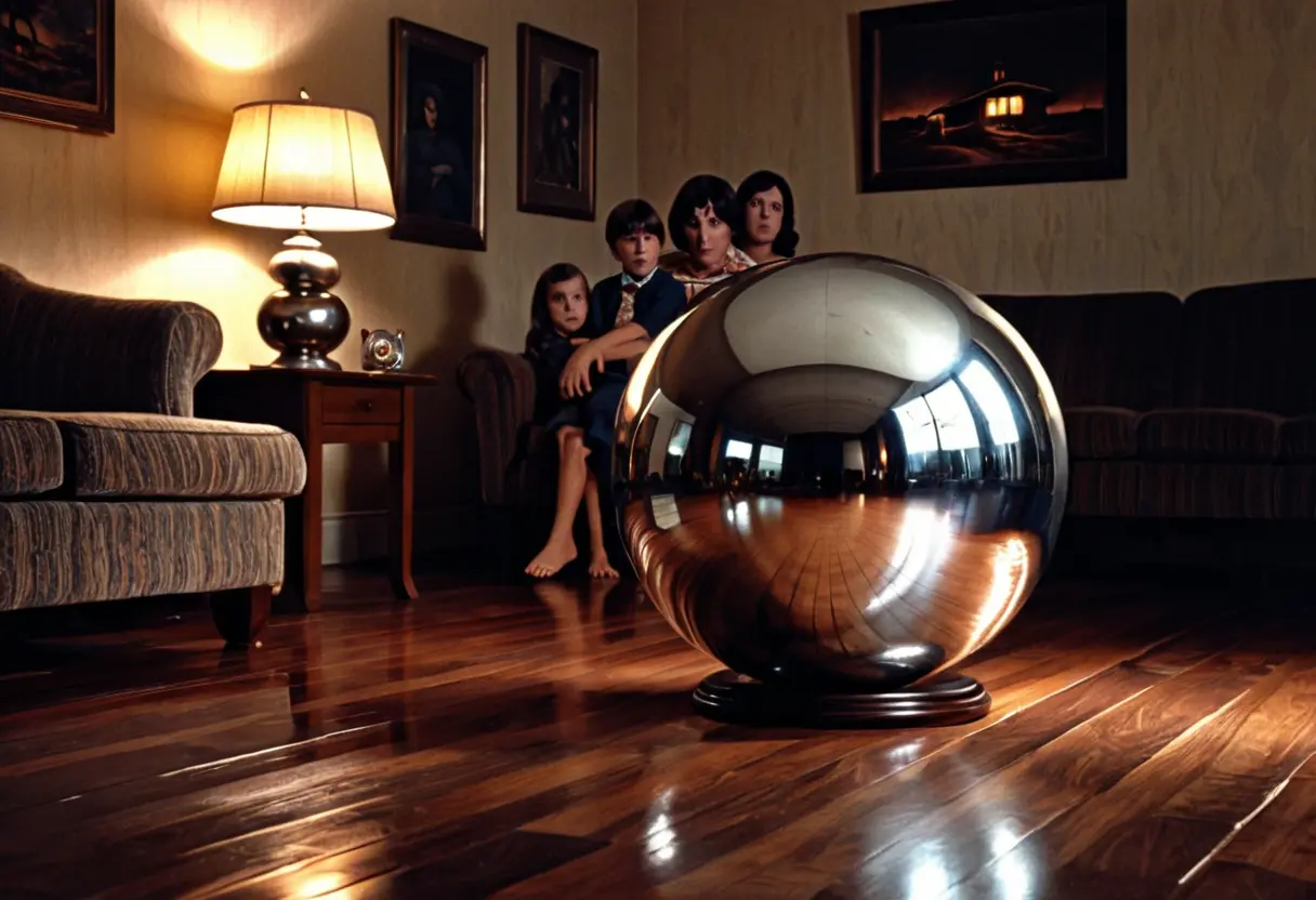 1970年代の家の中。木製の床の上で、銀色の球体が宙に浮いているかのようにかすかに振動し、周囲の空気が歪んでいる。
