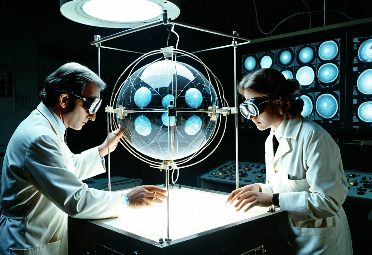 白衣を着た科学者たちが、ライトボックスの前で不気味な球体のX線写真を調べている。中には何か核のようなものが見える。