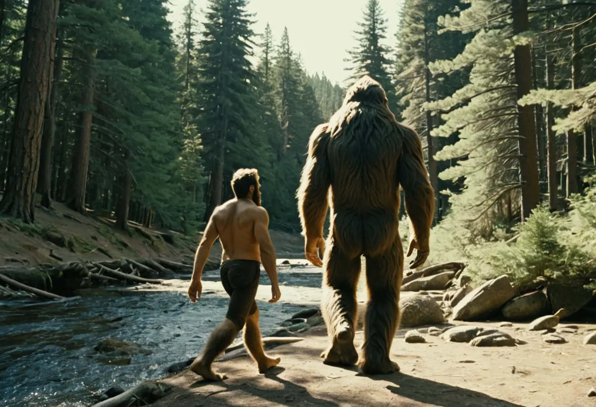 1960年代のフィルムのような、粒状感のあるカラー映像。巨大な類人猿が森を歩いている。