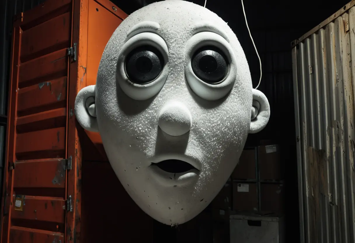 暗いクローゼットの中に吊るされた着ぐるみ。