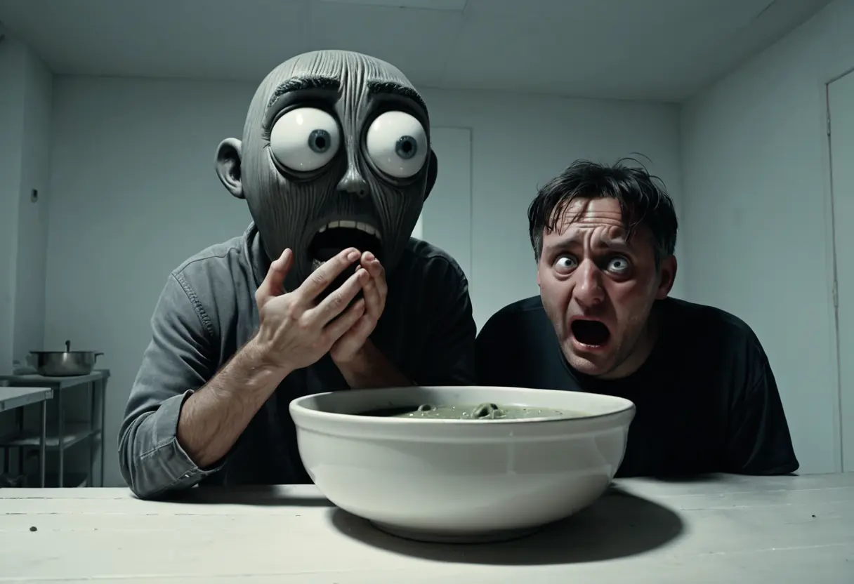 白い壁に囲まれた部屋の中央でスープを啜る男性。背後には不気味なマスコットが立っている。