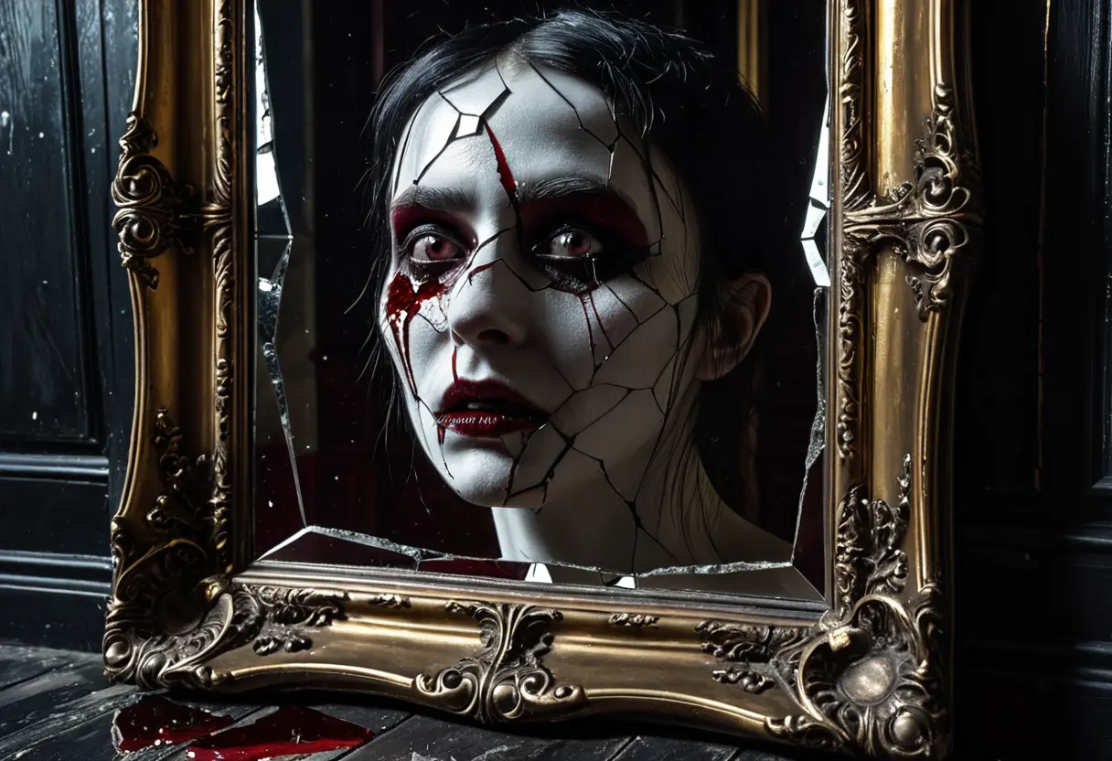 歪んだ鏡の破片に映る、老婆の恐ろしい顔。