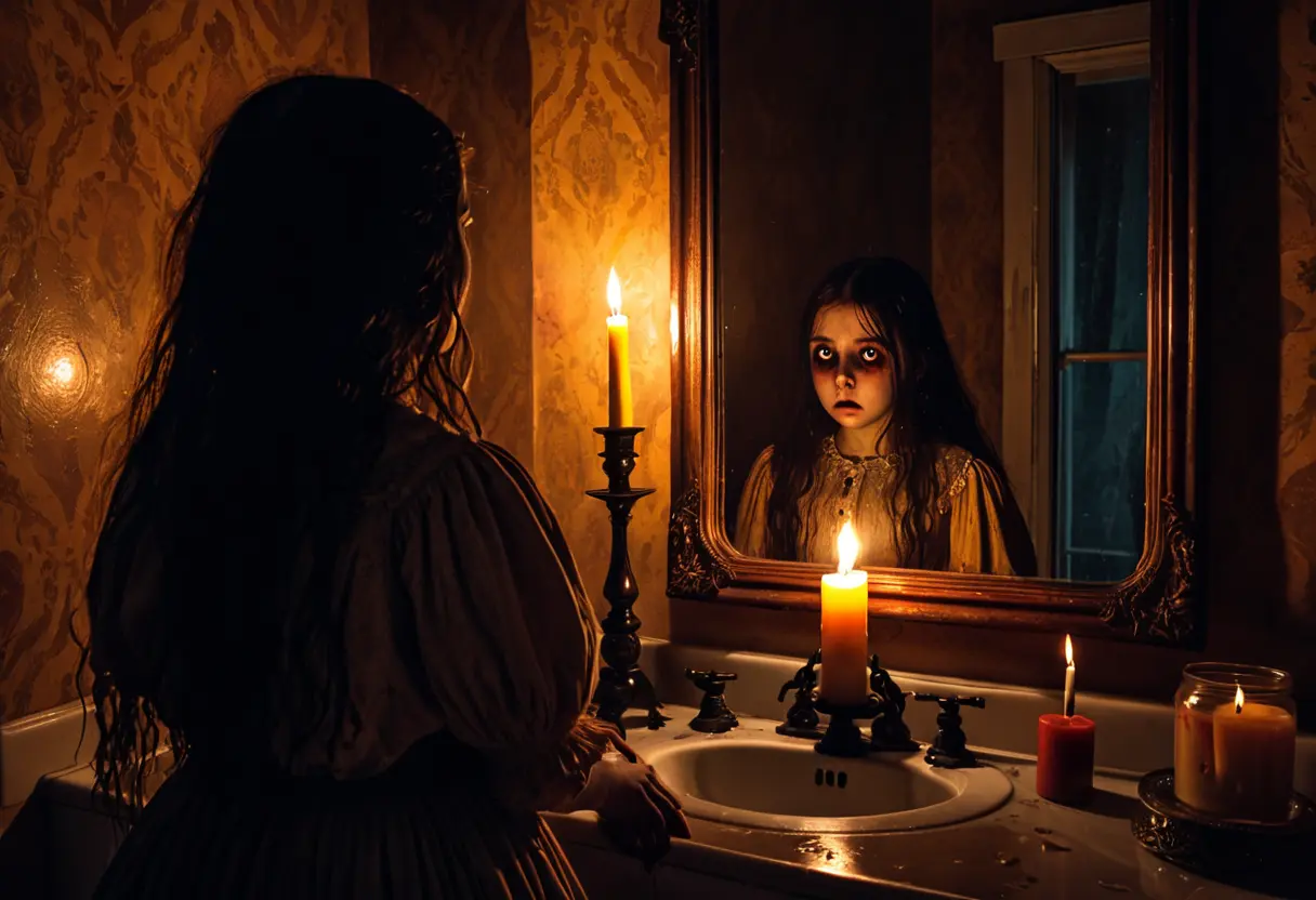暗い洗面所の鏡。蝋燭の光で照らされた鏡の中に、血の涙を流す女性の顔がぼんやり現れている。