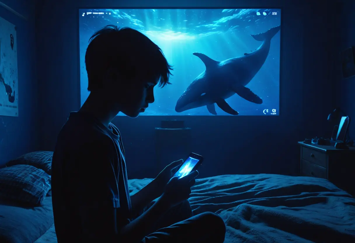 暗い部屋でスマートフォンを見つめる若者のシルエット。