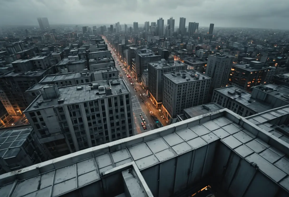 高いビルの屋上の縁に立つ足元。