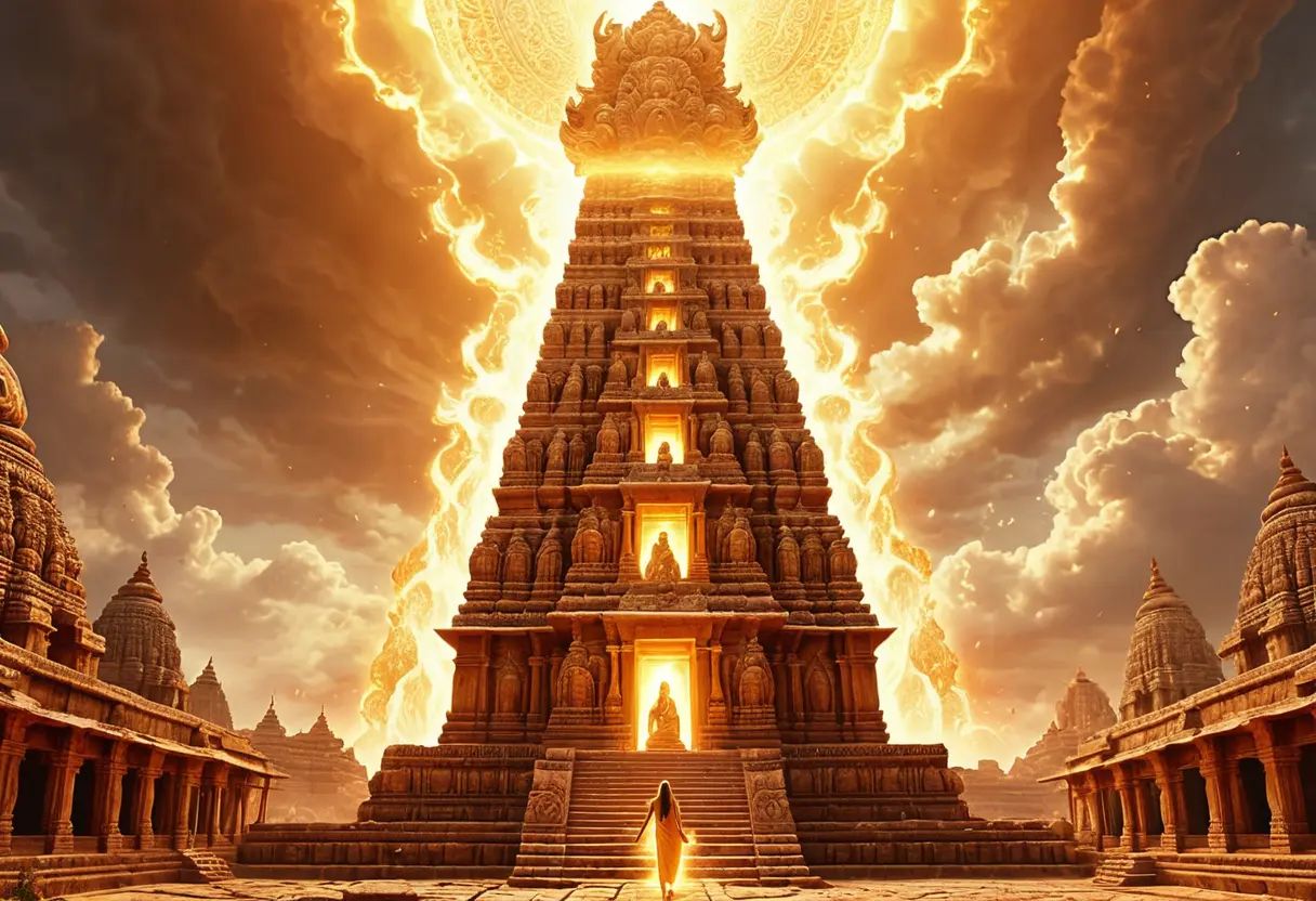 空から降り注ぐ巨大な光の柱が、古代の都市を一瞬で焦土に変える様子。爆風とともに砂塵が舞い上がり、異質な神の力が溢れ出している