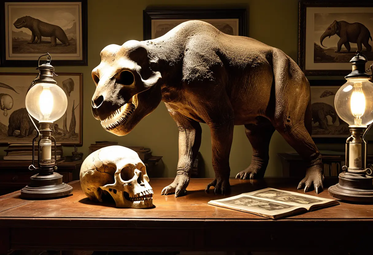 19世紀の博物館のような部屋。巨大な頭蓋骨と不思議な骨のスケッチが並んでいる。バニップの正体を追う当時の科学者の雰囲気。