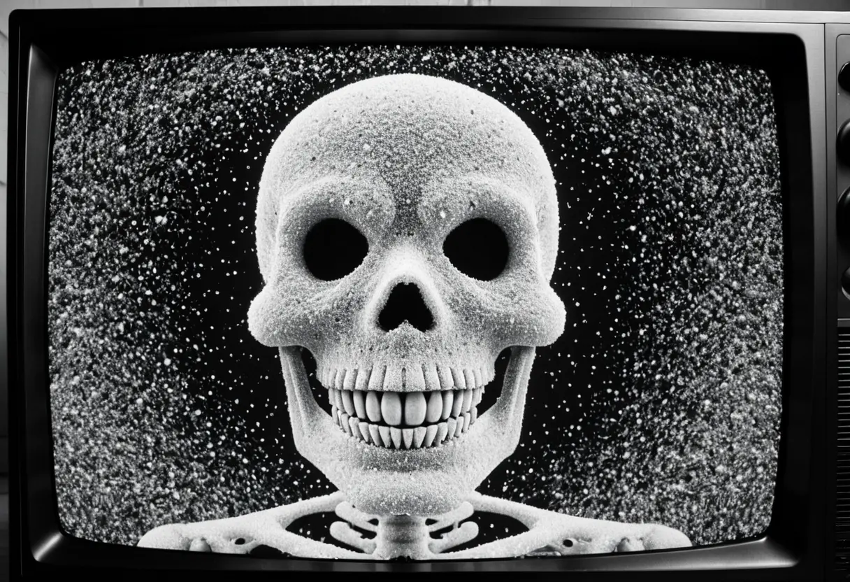 全面が白い砂嵐（スノーノイズ）に覆われたテレビ画面。よく見ると、ノイズの粒子の中に、笑っている骸骨の顔が浮かび上がっている。