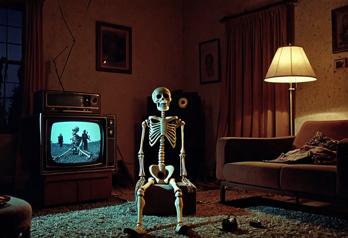 1970年代の古いリビング。ブラウン管テレビの画面の中で、不気味な骸骨の人形がこちらを指差して笑っている。
