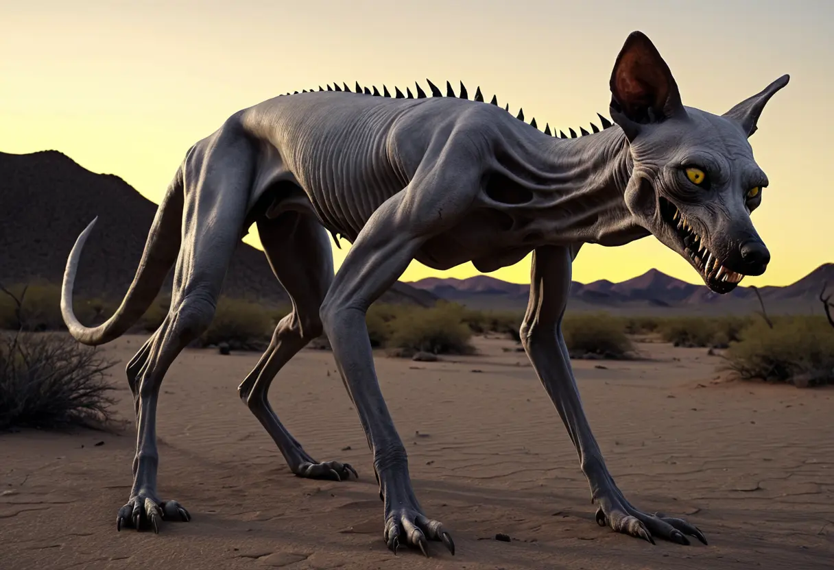 荒野を走る、毛が全くない青白い猟犬のような生物。