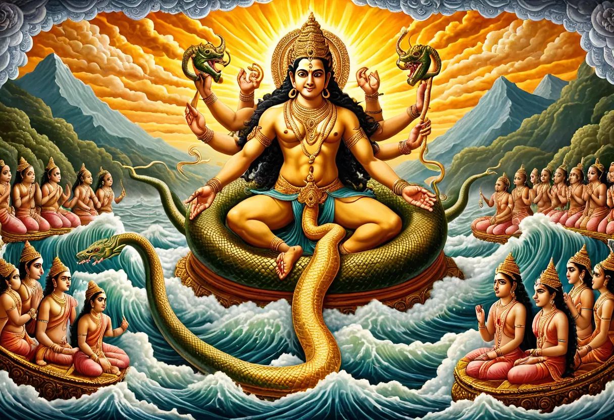 巨大な山に巻き付いた蛇を引き合う、神々とアスラたち。海からは輝く薬アムリタが立ち上っている