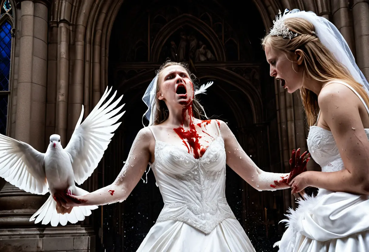 結婚式の教会。白い鳩が姉たちの目を襲っている。