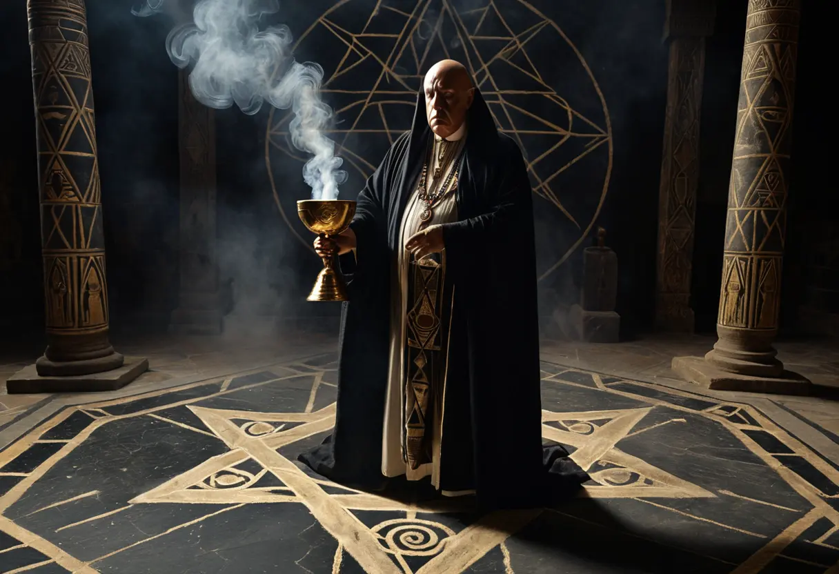 儀式用のローブを纏い、額にはホルスの目の紋章を掲げたクロウリーが、魔法陣の中心で聖杯を高く掲げている厳かな光景。
