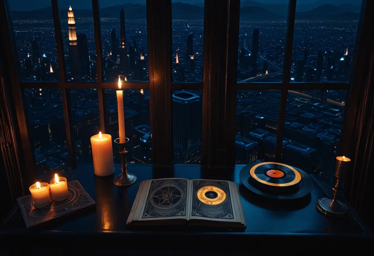 古びたレコード、タロットカード、そして『法の書』が置かれた部屋の窓から、現代の都市の夜景が見える。過去と現代が交差するイメージ。