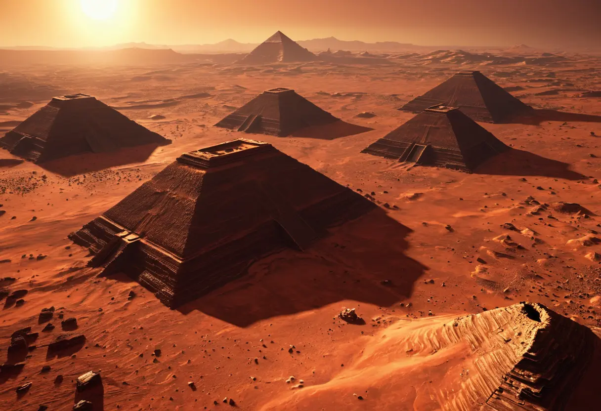 赤褐色の火星の砂漠。崩れた巨大なピラミッドのような構造物と、その先に佇む人面岩の現在の姿。