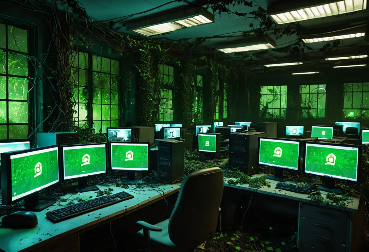 廃墟となったオフィスで、無人で動作し続けるモニターの群れ。