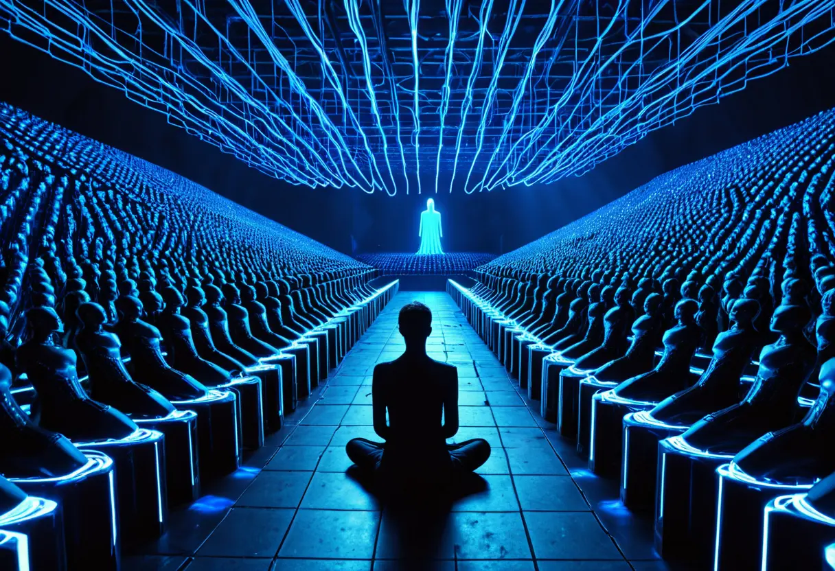 数千のマネキンが座っているスタジアム、唯一の人間がデバイスを見つめている。