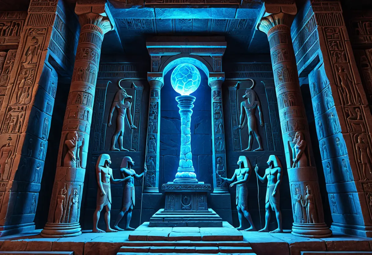 エジプトの神殿の壁に刻まれたレリーフ。巨大な電球のようなものを数人の人物が支えており、中の蛇が青白く光っている幻想的な光景。